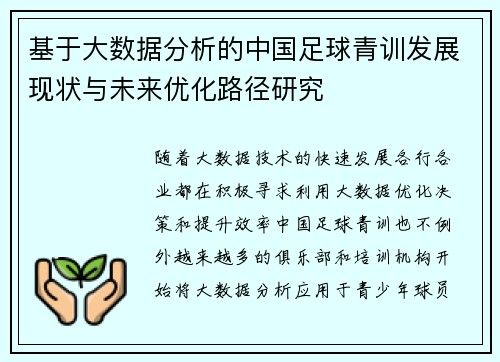 基于大数据分析的中国足球青训发展现状与未来优化路径研究